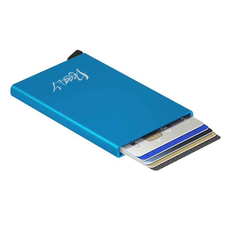 RFID inteligentné hliníkové púzdro na karty s patentovaným mechanizmom v modrej farbe