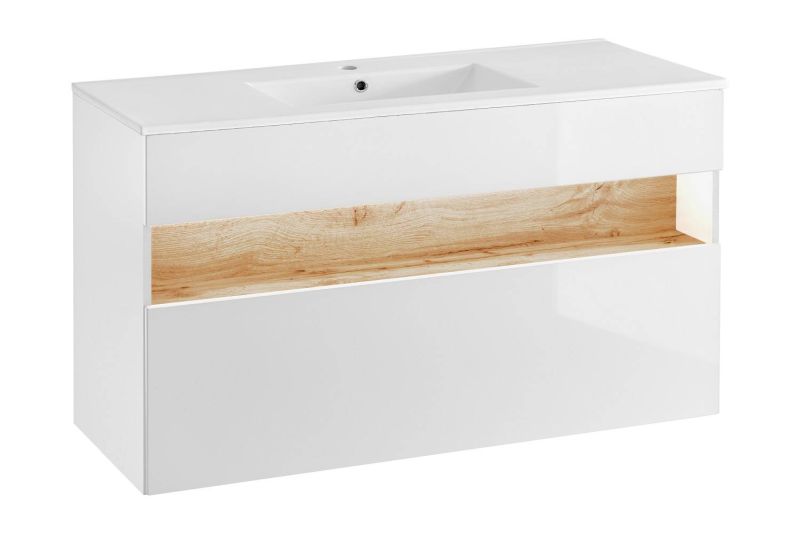 Skrinka pod umývadlo, 120cm, dub wotan, biely lesk, BAHAMA WHITE 854
