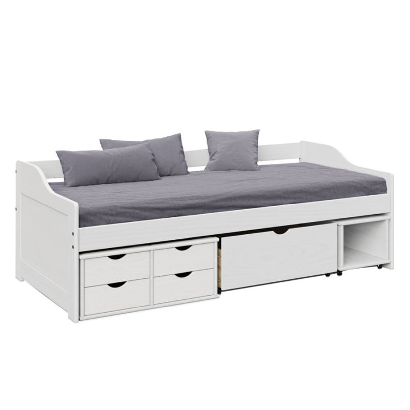 Posteľ, 90x200, s roštom, úložný priestor, biela, MAXI NEW
