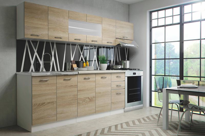 Moderná kuchynská linka, 260 cm, biela, dub sonoma, PERLA OAK