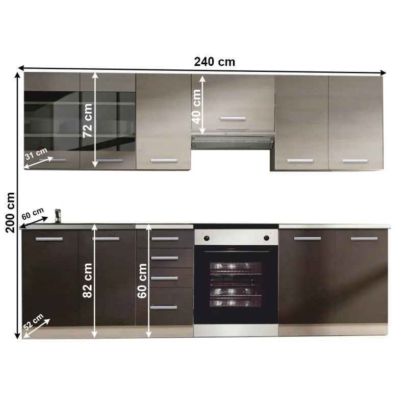 Kuchynská linka, 240cm, dub svetlosivý, dub tmavý, KLANTON