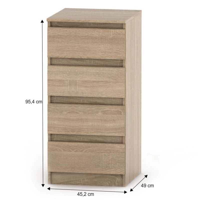 Komoda, 45cm, 4 šuplíková, dub sonoma, HANY NEW 009