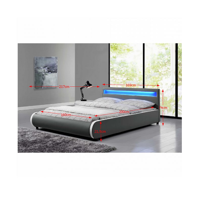 Manželská posteľ, 160x200, s roštom, RGB LED, sivá, DULCEA