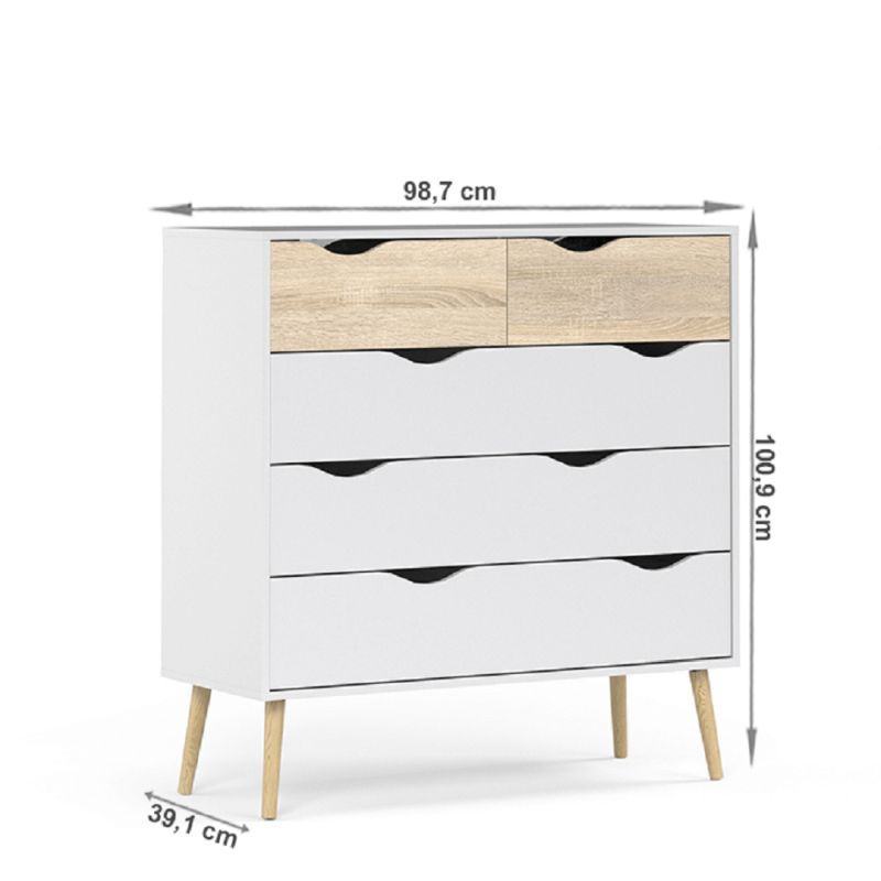 Komoda, 99cm, 5 zásuvková, dub sonoma, biela, OSLO 75456