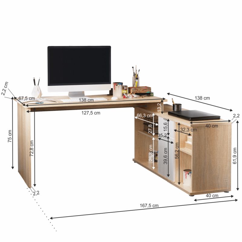 Písací stôl, 167x138cm, dub sonoma, biely, DALTON 2 NEW