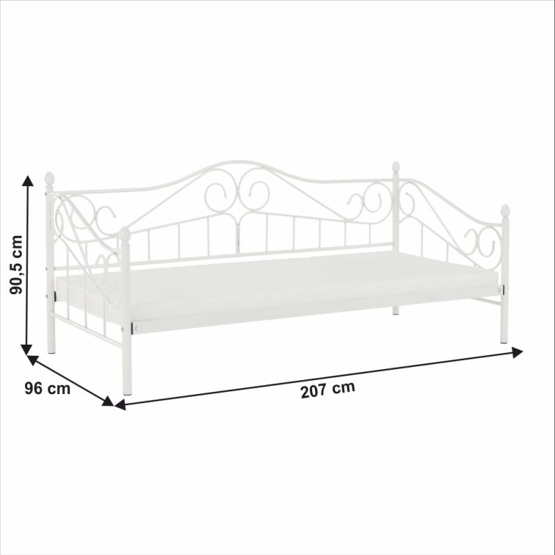 Kovová posteľ, 90x200, s roštom, biela, DAINA