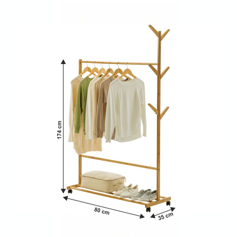 Pojazdný vešiak, prírodný, bambus, šírka 80cm, VIKIR TYP 2
