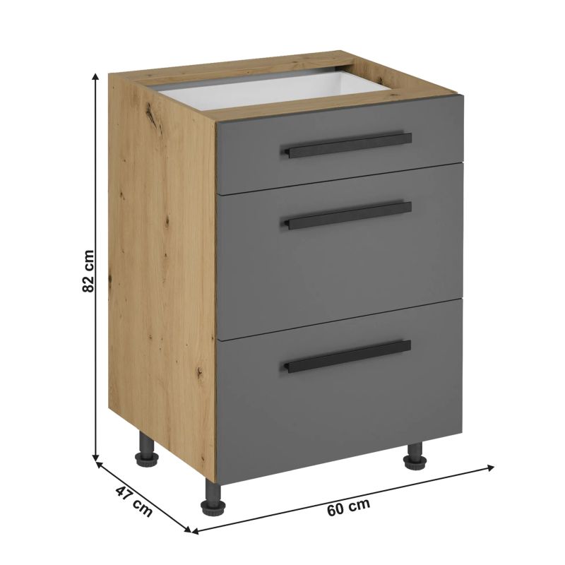 Spodná skrinka, 60cm, dub artisan, sivý mat, LANGEN D60S3