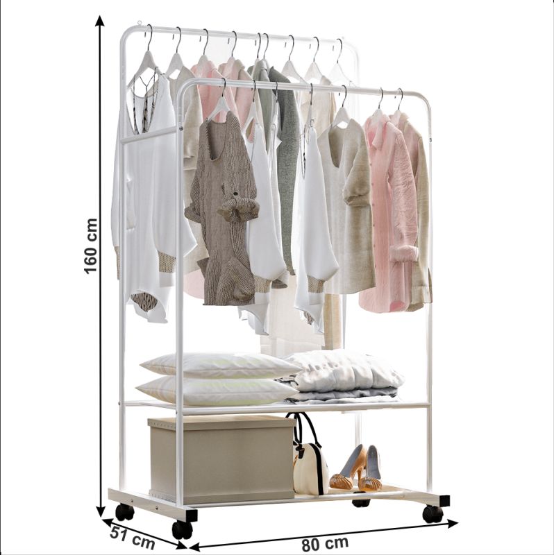 Dvojradový pojazdný vešiak, biely, kov, RAINER