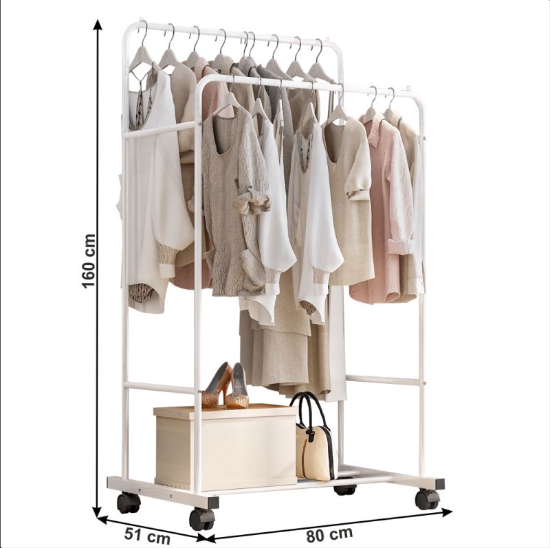 Dvojradový pojazdný vešiak, biely, kov, ILIANA