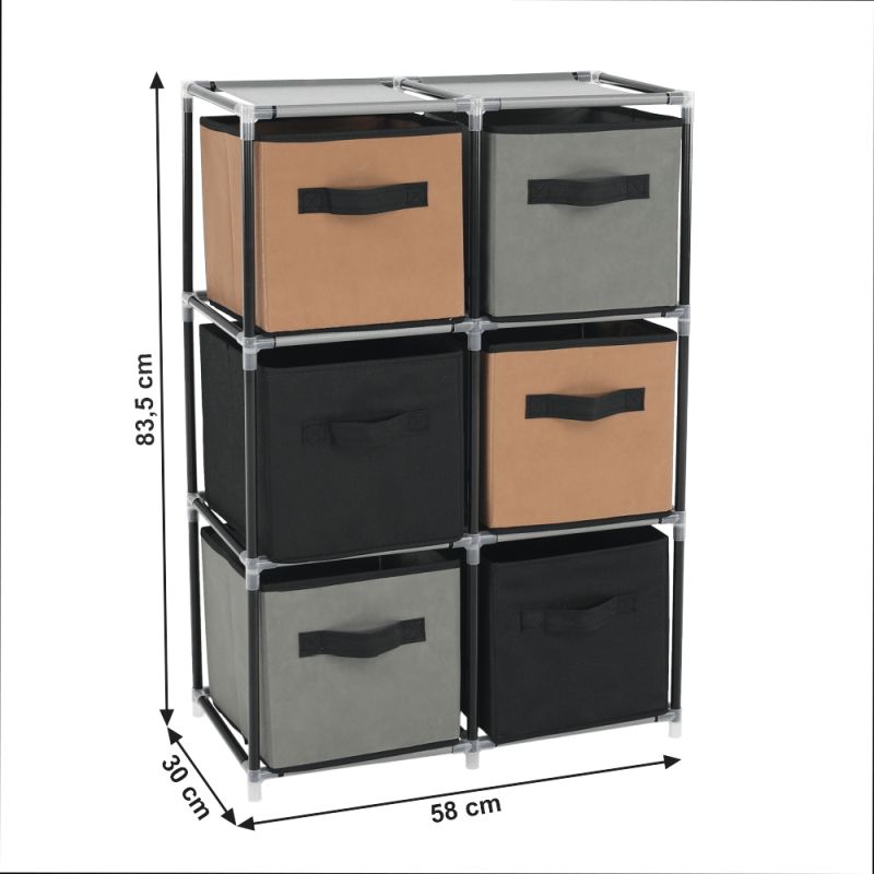 Komoda, 58cm, látkové šuplíky, čierna, hnedá, sivá, CAMILO TYP 2