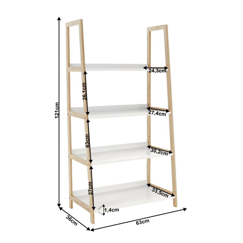 Regál, 63cm, 4-policový, biely, prírodný, KOEN TYP 2