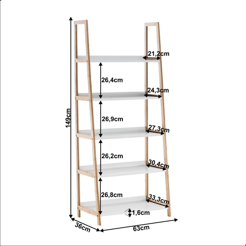 Regál, 63cm, 5-policový, biely, prírodný, KOEN TYP 3