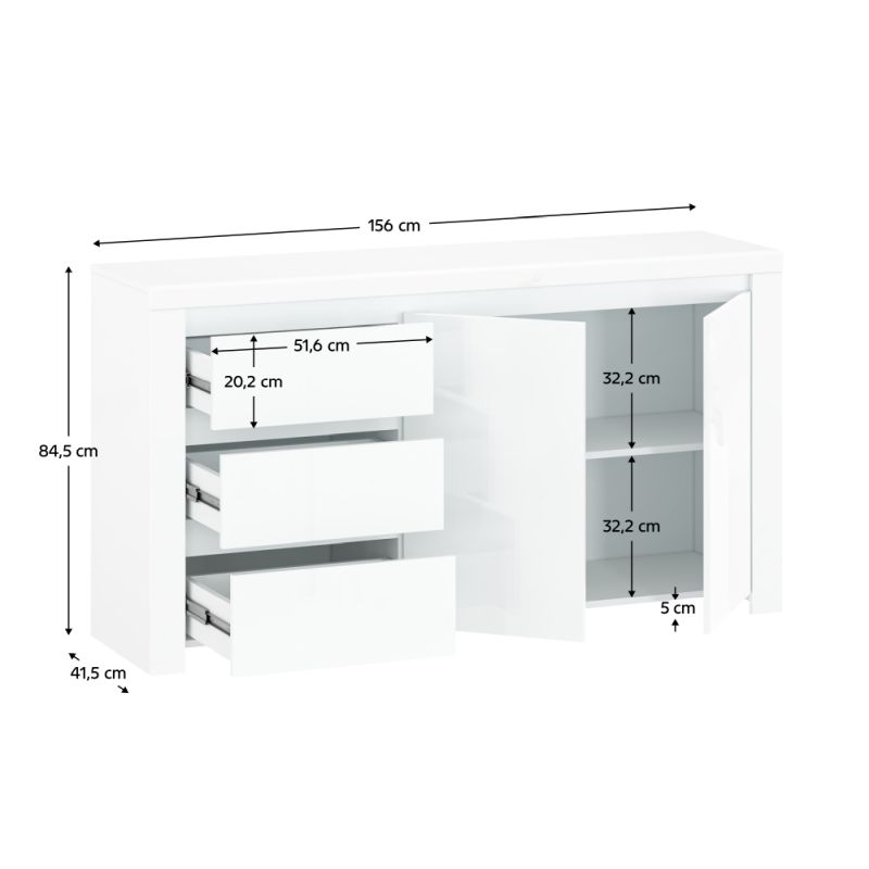Komoda, 156cm, kombinovaná, biely lesk, LINDY 2D3S