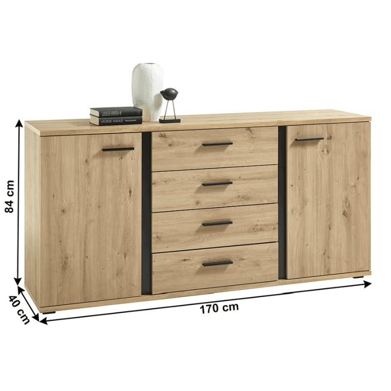 Komoda, 170cm, kombinovaná, dub artisan, čierna, KANODE