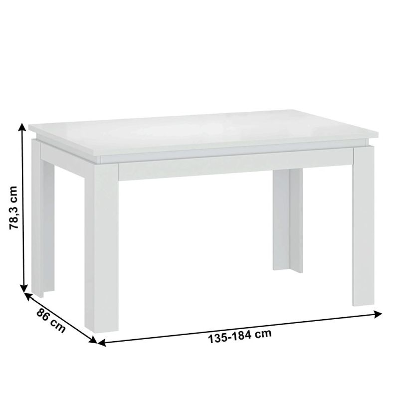 Jedálenský stôl, 135x86cm, rozkladací, DTD, biely lesk, LINDY