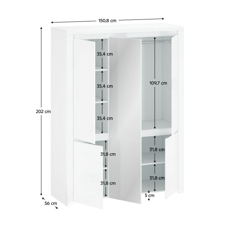 Skriňa, 151cm, kombinovaná, biely lesk, zrkadlo, LINDY 5D