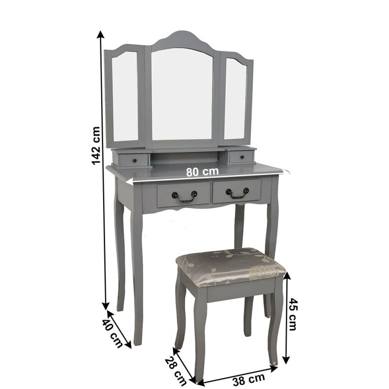 Toaletný stolík, 80cm, s taburetom, sivý, strieborný, REGINA NEW