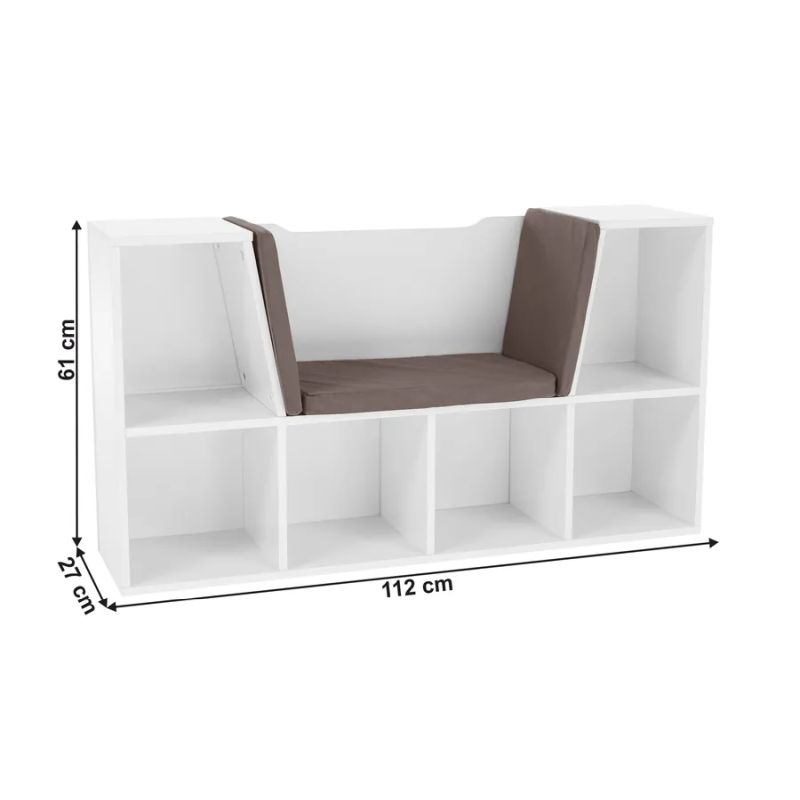 Detská knižnica, 112cm, miesto na sedenie, biela, sivá, FERIA