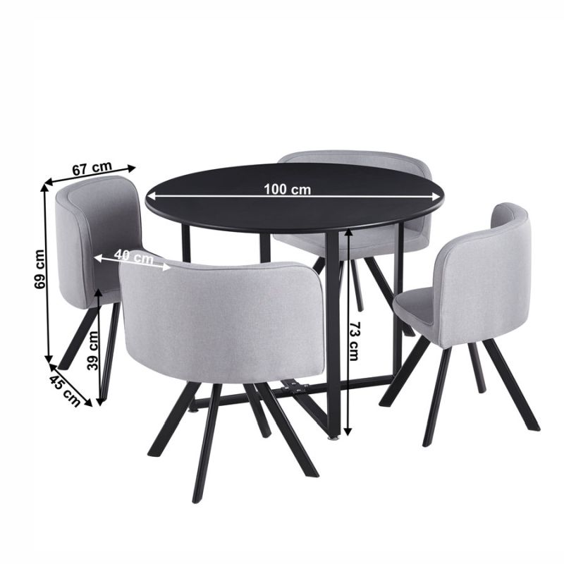 Jedálenský set 1+4, 100x100cm, MDF, čierny, látka svetlosivá, BEVAN NEW