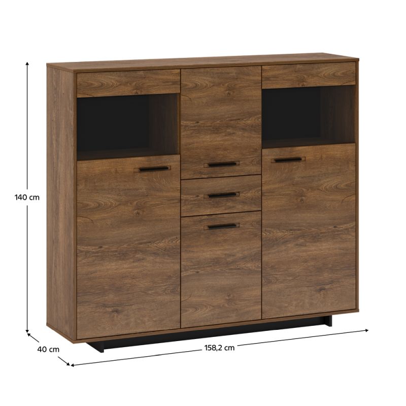 Komoda, 158cm, kombinovaná, dub bolzano, čierna, DELIS K