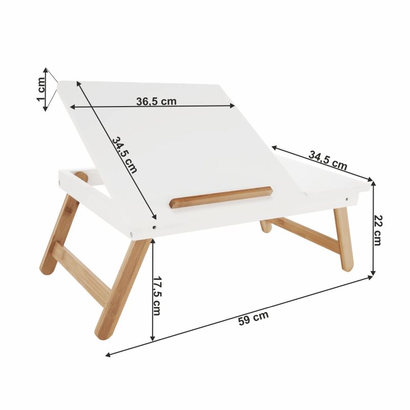 Príručný stolík na notebook, držiak na tablet, 59x34cm, biely, prírodný bambus, MELTEN