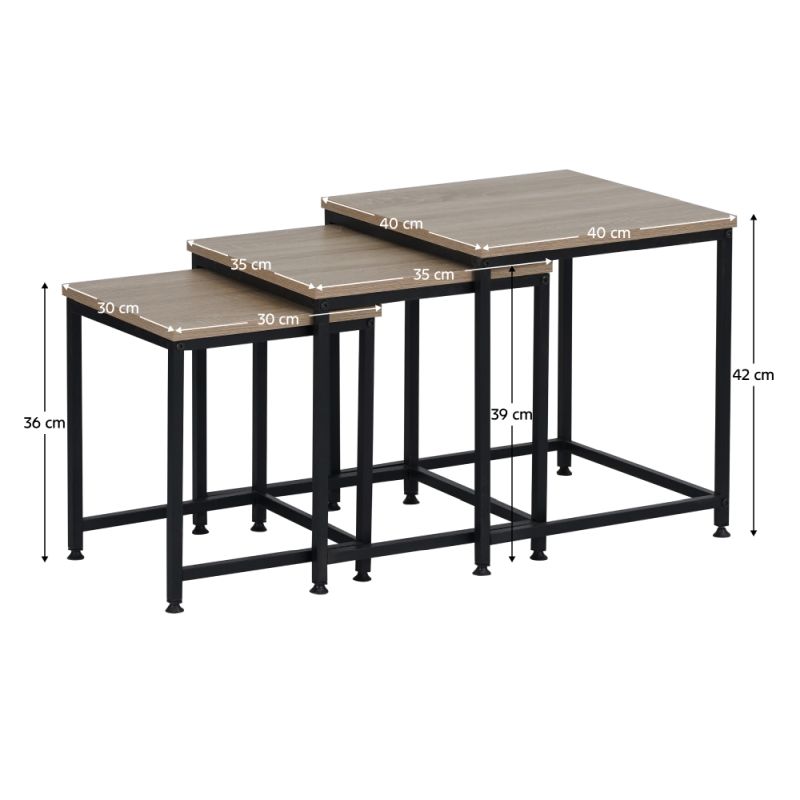 Konferenčné stolíky, set 3 ks, 40x40cm, dub sonoma, čierny, KASTLER 2 NEW TYP 3