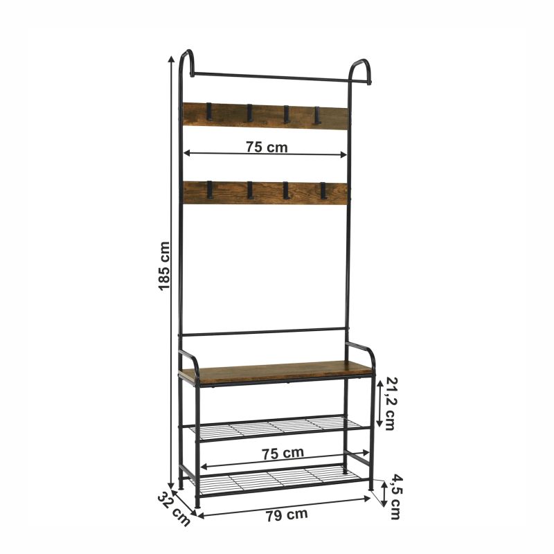 Vešiak s botníkom, 185cm, čierny kov, MDF rustikálne drevo, KELAM
