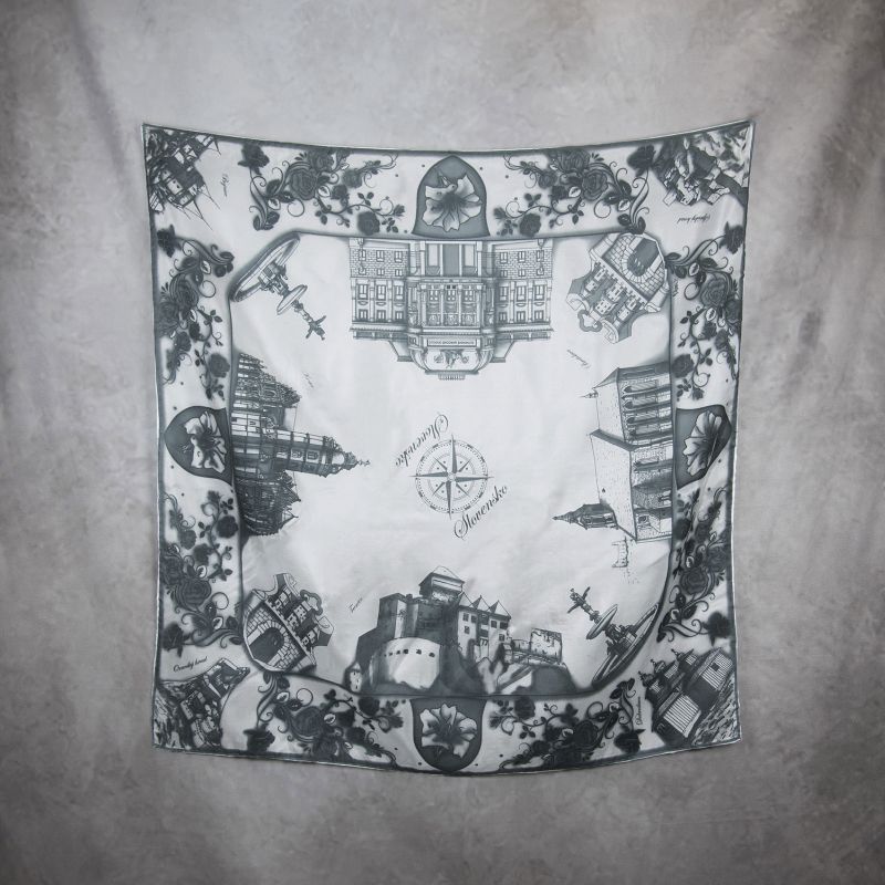 Módna hodvábna šatka SLOVENSKO BLACK - WHITE, 90 x 90cm, Made in SLOVAKIA