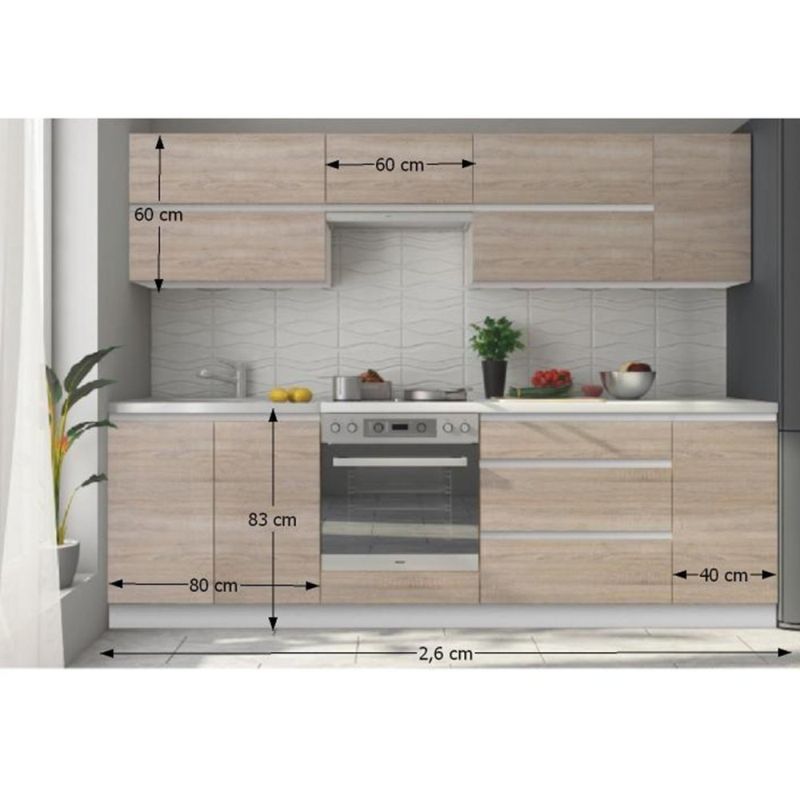 Kuchynská zostava, 260cm, biela, dub sonoma, LINE