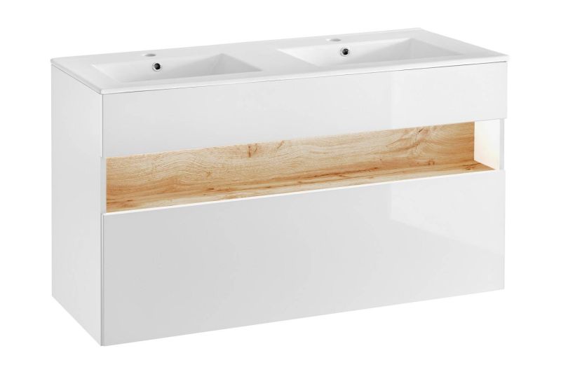 Skrinka pod umývadlo, 120cm, dub wotan, biely lesk, BAHAMA WHITE 854