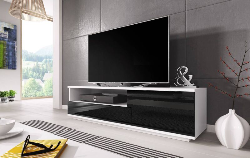 Televízny stolík, 138cm, biely, čierny, MUZA