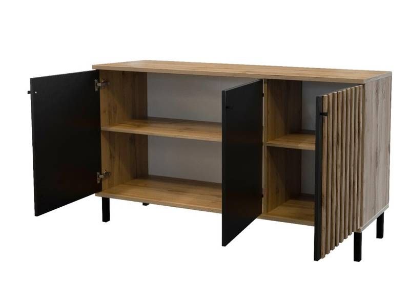 Komoda, 150cm, 3-dverová, dub wotan, čierna, LONDON 3D