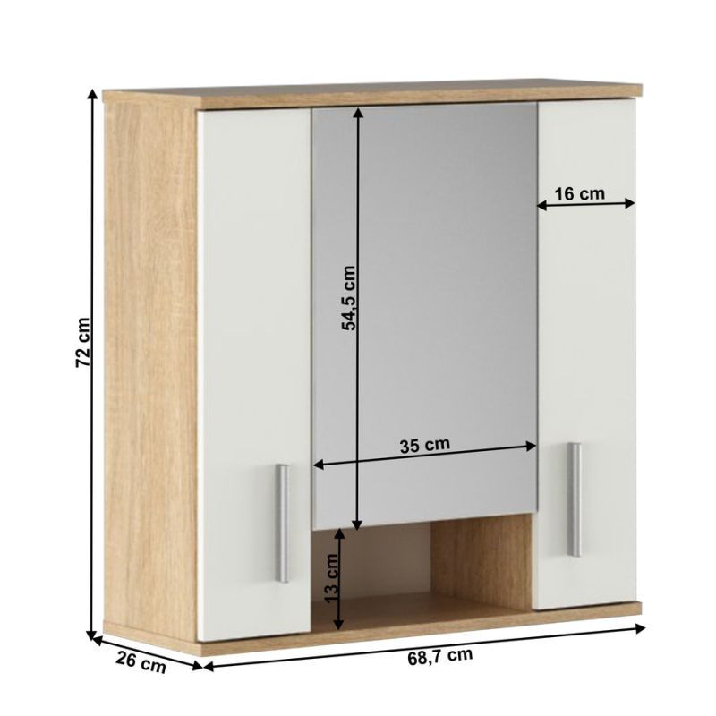 Závesná skrinka so zrkadlom, 69cm, dub sonoma, biela, LESSY NEW 01