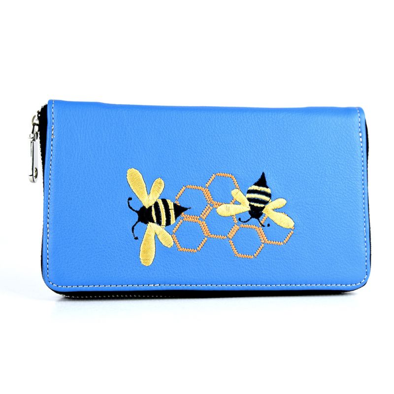 Módna dámska vyšívaná kožená peňaženka č.8606 s motívom včelieho úľa, modrá farba
