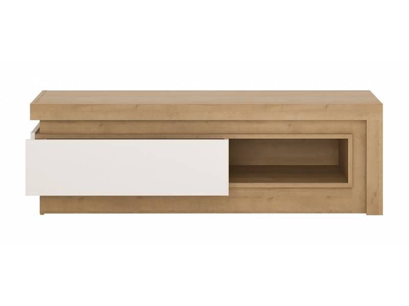 Televízny stolík, 130cm, dub riviera, biely lesk, EXT GRABO 1 LYOF 02