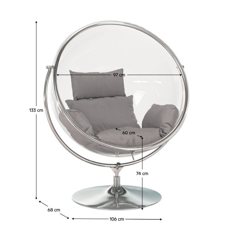 Závesné kreslo, so stojanom, transparentné, látka sivá, BUBBLE TYP 2