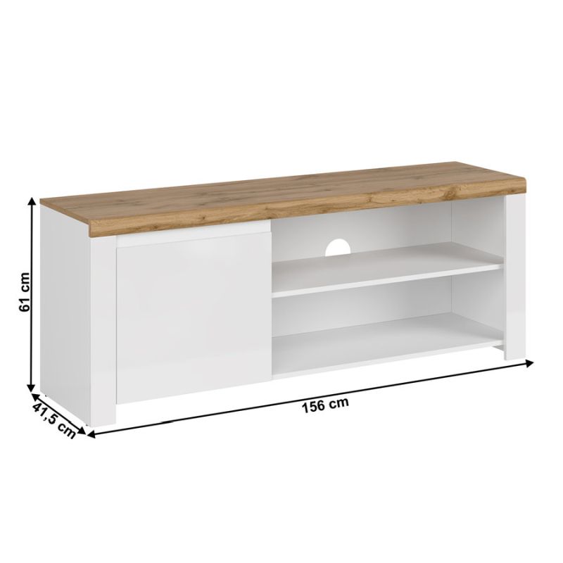 TV stolík, 156cm, biely lesk, dub wotan, VILGO 1D