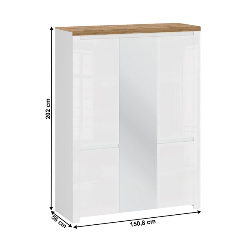 Skriňa, 151cm, kombinovaná, biely lesk, dub wotan, zrkadlo, VILGO 5D