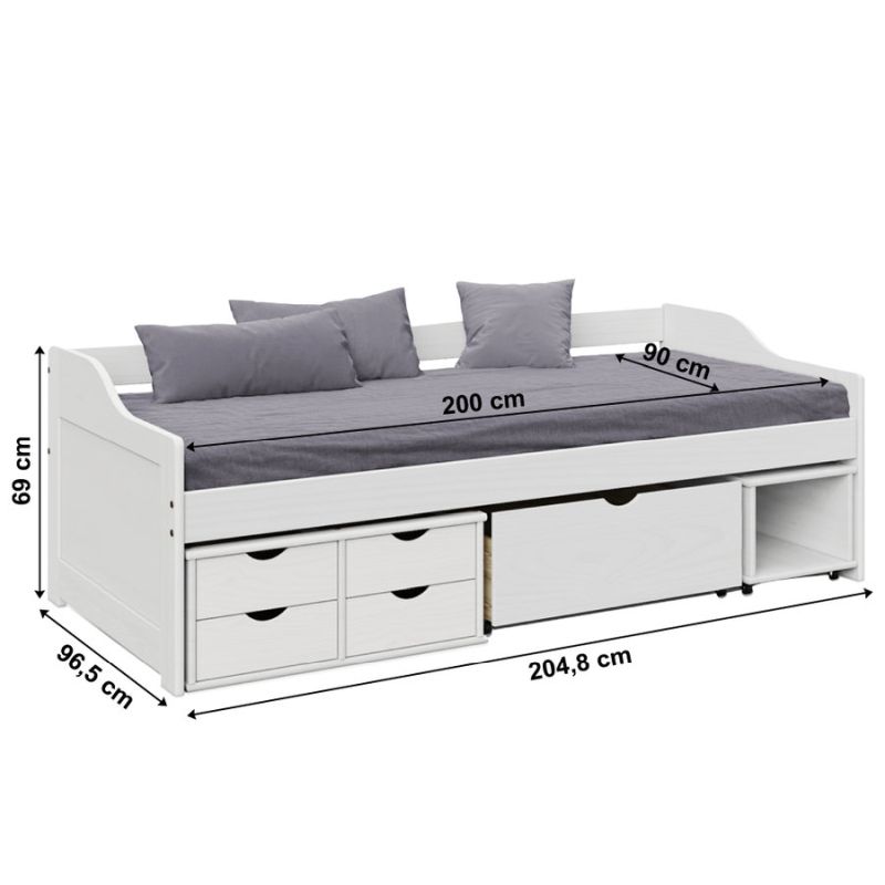 Posteľ, 90x200, s roštom, úložný priestor, biela, MAXI NEW