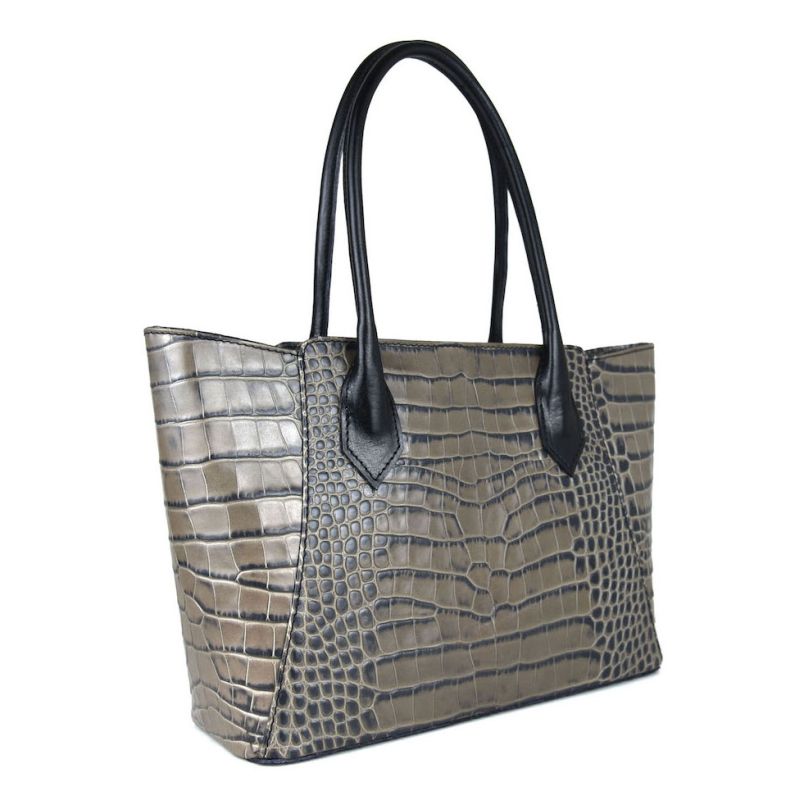Dámska kabelka z pravej hovädzej kože s dezénom krokodíla v šedej farbe