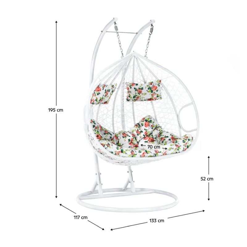 Závesné dvojkreslo, kov biely, látka vzor kvety, DALVEA 2 NEW