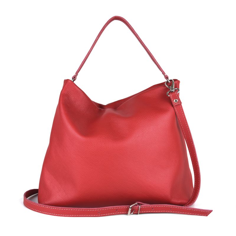 Módna vrecovitá kožená kabelka v červenej farbe