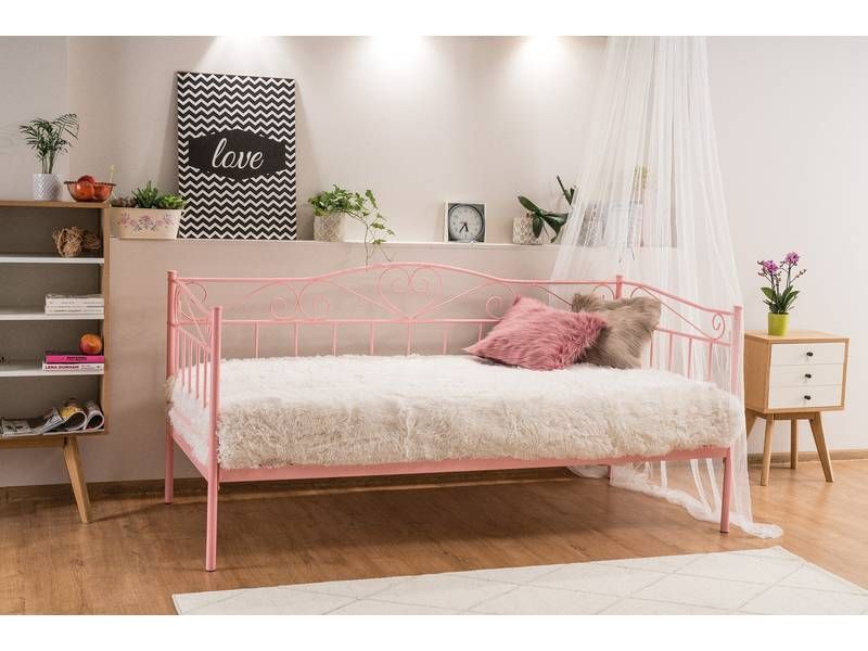 Posteľ, 90x200, s roštom, kovová, ružová, BIRMA
