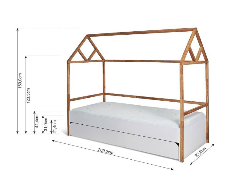 Posteľ, 90x200, biela, dub, BELL AMY LOTTA BED HOUSE