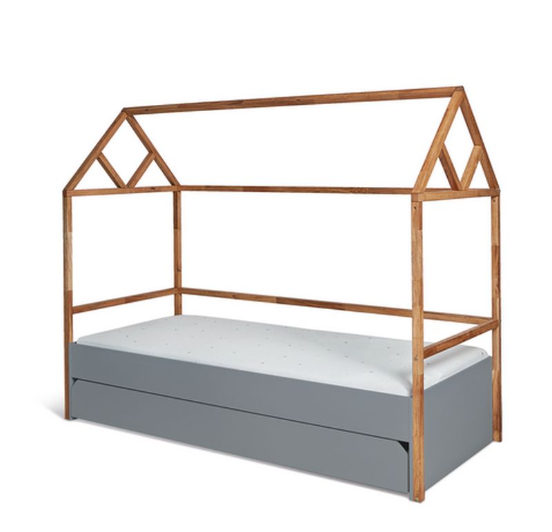 Posteľ, 90x200, sivá, dub, BELL AMY LOTTA BED HOUSE