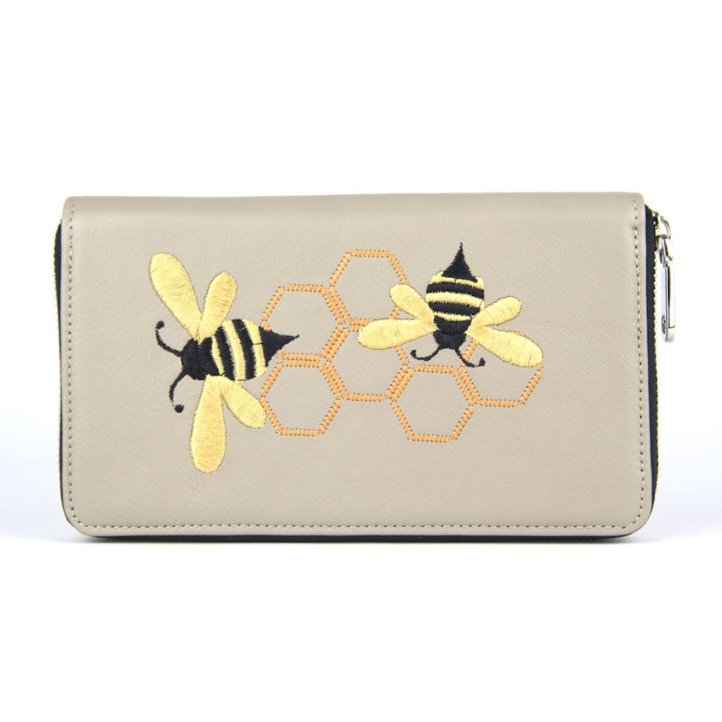Módna dámska vyšívaná kožená peňaženka č.8606 s motívom Včeličiek, béžová farba