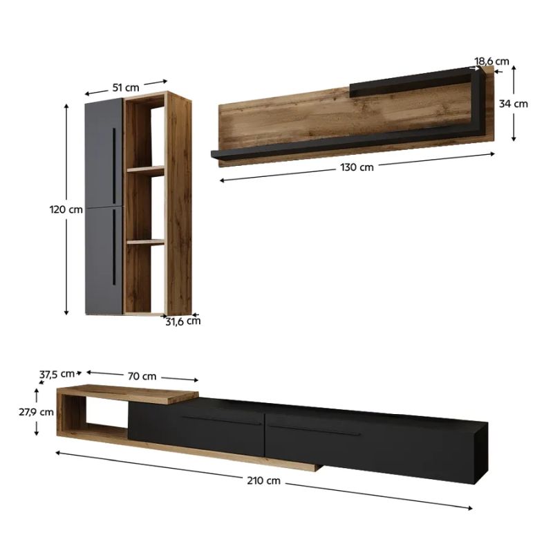 Obývacia stena, 210cm, dub tacho, antracit, KALVADOS