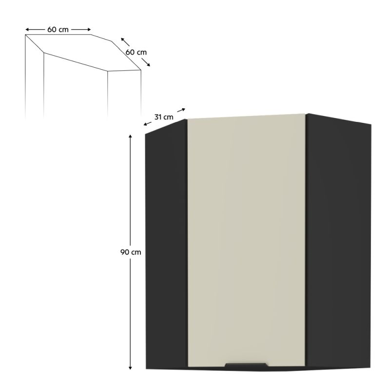 Horná skrinka rohová, 60cm, cashmere, čierna, ARAKA 60x60 GN-90 1F