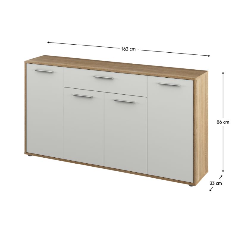 Komoda, 163cm, kombinovaná, dub sonoma, biela, LUNIA
